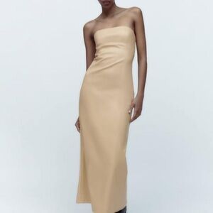 Zara Strapless Faux Leather Dress in Tan